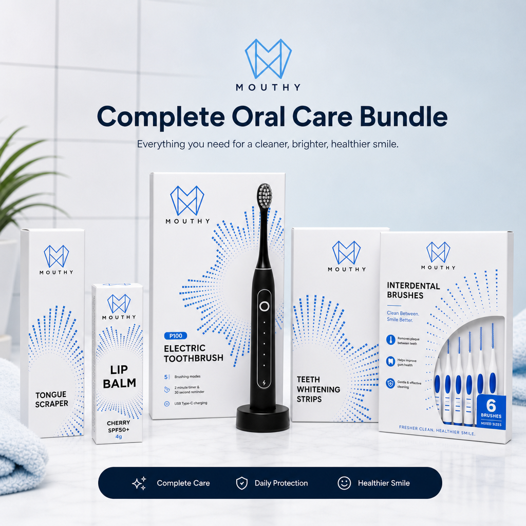 Mouthy P100 electric toothbrush with teeth whitening strips and cherry lip balm for everyday oral care